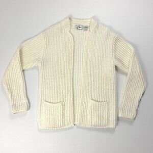 Vintage Womens Open Cardigan Sweater Ivory Cream Sz L Acrylic Pockets Loose Knit